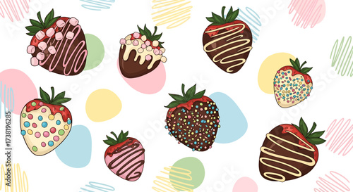Artistic rendition of assorted chocolate covered strawberries with playful background accents