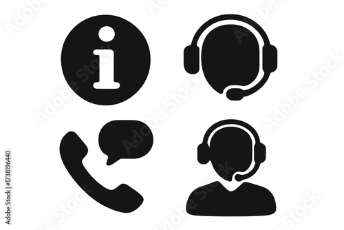 Customer service icon set. Call center support concept. Contact us symbols. Help desk operator with headset. Phone and information sign. Communication silhouette vector icons.