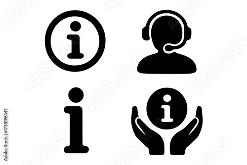Information icon set for customer service and support. Vector silhouette symbols for help desk, call center operator, contact us, and FAQ guide. Flat glyph collection.