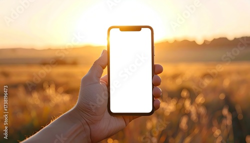 Hand Holding Smartphone with Blank Screen Against Golden Sunset Field Cinematic View
