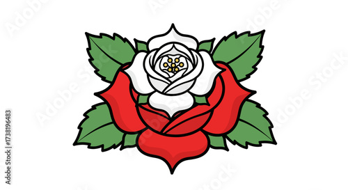 Bold outlines accentuating a red and white rose with verdant leaves in a vibrant depiction
