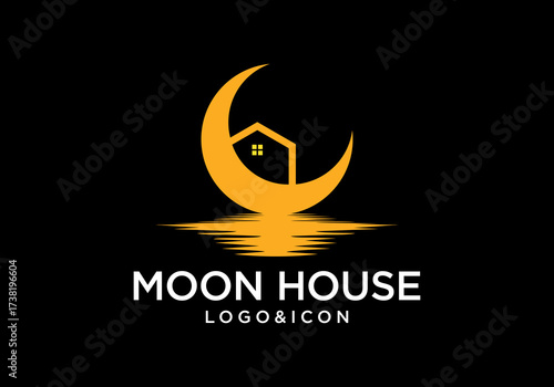 vector crescent moon logo icon with a house on the edge of the water reflecting light