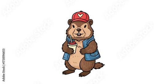 Cartoon beaver character illustration with refreshment and denim vest on a white background
