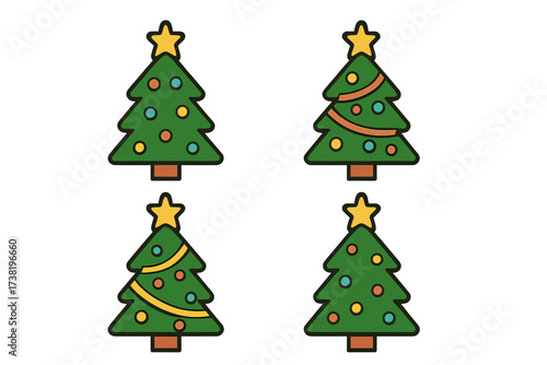 Christmas tree icon set. Flat style vector cartoon illustration for holiday decoration. Festive fir tree with star and ornaments. Winter celebration graphic elements collection.