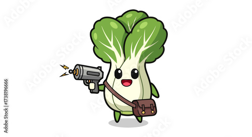 Cartoon Bok Choy Character Holding a Gun With a Messenger Bag on a White Backdrop