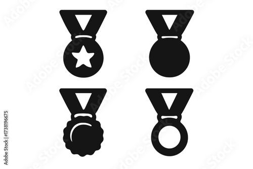 Award medal icon set. First place prize. Black silhouette vector graphic. Winner, victory, champion, success, achievement concepts. Star, circle, rosette shapes for competition.