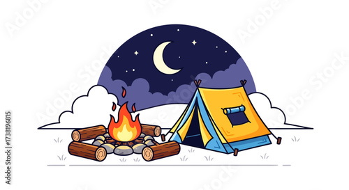 Cartoon Camping Adventure Under the Stars: A Cozy Night by the Fireplace and Camping tent