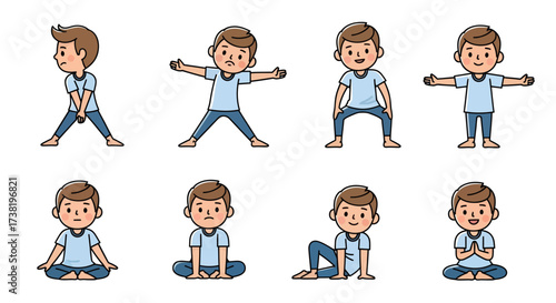 Cartoon character demonstrating different poses and exercises promoting wellness and fitness