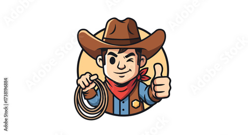 Cartoon cowboy character giving a thumbs up with rope and confident wink attitude