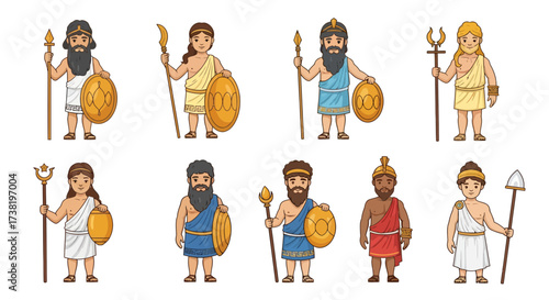 Cartoon greek mythology characters with traditional outfits and heroic poses depicting courage and