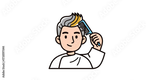 Cartoon illustration depicting a man grooming his dyed hair with a comb on a white background