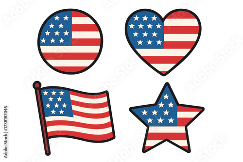 USA flag icon set vector illustration. American national symbol collection in circle, heart, and star shapes. Patriotic emblem for 4th of July, Independence Day graphic.