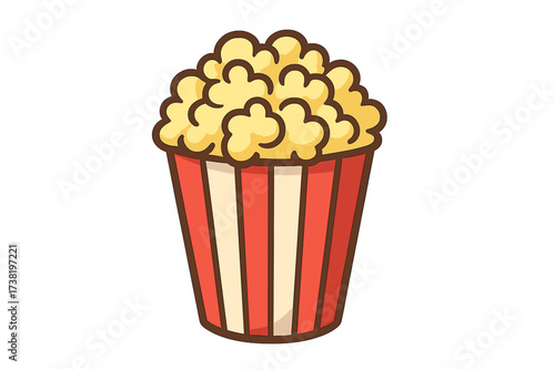 Popcorn in striped bucket box. Cinema snack food. Movie night entertainment concept. Cute cartoon vector illustration. Fast food, treat for film festival or theater show.