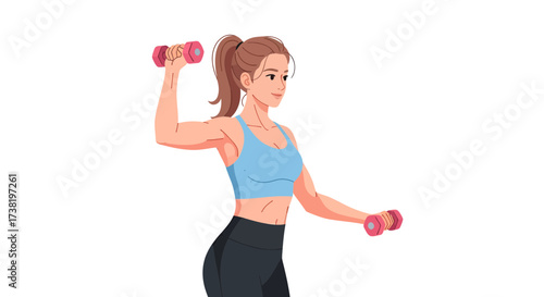 Cartoon of a woman in sportswear doing bicep curls with dumbbells for fitness exercise health
