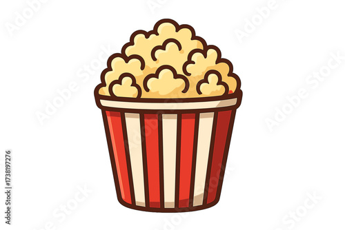 Popcorn in classic red and white striped bucket. Cinema movie night snack. Tasty fast food for entertainment. Vector cartoon icon illustration isolated on white background.