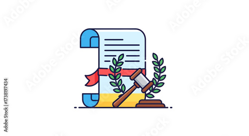 Cartoon style depiction of legal decree with gavel and laurel wreath for court representation