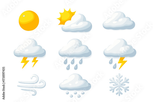 Weather forecast 3D icon set. Realistic vector symbols: sun, cloud, rain, snow, wind, lightning. Meteorology and climate cartoon collection for web and mobile app interface.