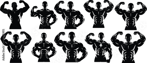 Bodybuilder silhouettes, muscular male poses, fitness modeling, flexing biceps, anatomy reference, gym strength, black outline, athletic figure, power, physique