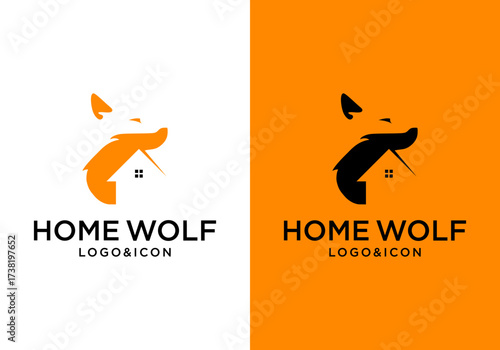 vector illustration of a wolf logo icon with a house on negative space