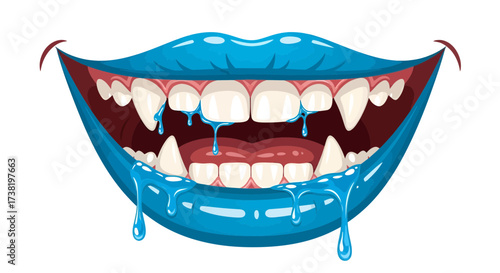 Cartoonish Vampire Mouth with Dripping Blue Fluid, a Whimsical Spooky Illustration