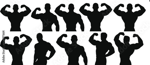 Muscular male silhouettes, bodybuilding poses, flexing biceps, fitness concept, strength demonstration, anatomy reference, gym figure, black outline, power, physique