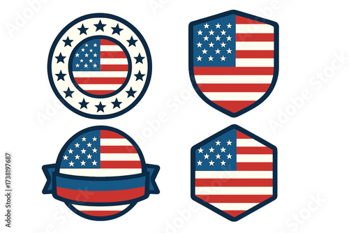 USA flag badge emblem set. American patriotic symbols collection. National pride vector icons. Shield, circle, and hexagon shapes for 4th of July, Independence Day celebration.