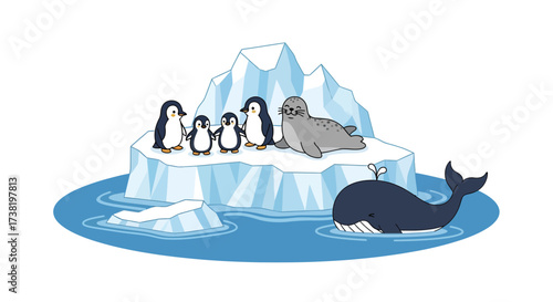 Charming arctic wildlife illustration featuring penguins seal and whale on iceberg scene