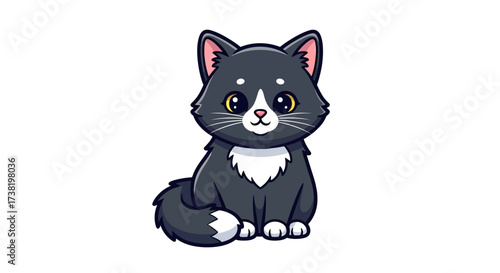 Charming cartoon illustration of a tuxedo cat with endearing eyes on a white scene