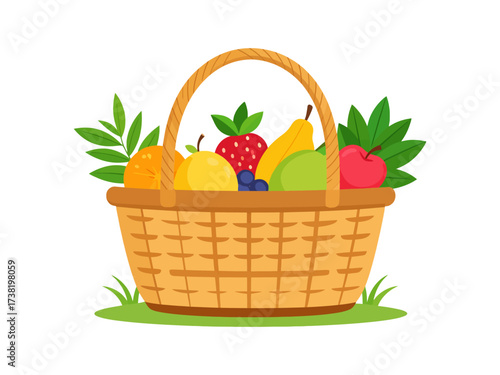 Colorful cartoon illustration of a wicker basket overflowing with various fresh fruits and green leaves, sitting on grass.