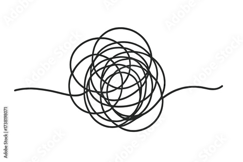 Tangled line scribble icon vector, chaotic scrawl drawing, abstract knot illustration, messy looping lines, tangled string art, minimalistic black sketch with transparent background