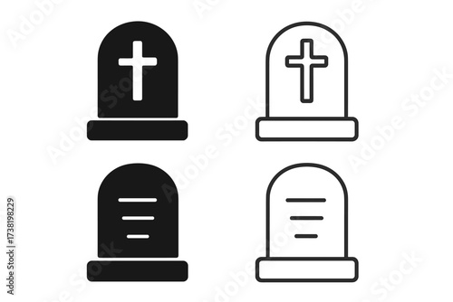 Tombstone icon set with grave symbols, silhouette and line style vector illustration, cartoon style gravestone collection with cross and inscription designs, transparent background