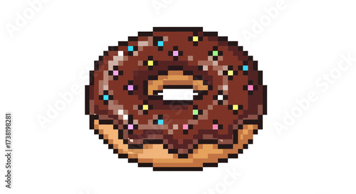Charming pixel art doughnut illustration with chocolate frosting and colorful sprinkles on white