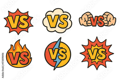 Versus icons set with bold VS letters and battle symbols, including fists, fire, lightning, comic style, cartoon vector illustrations on transparent background, dynamic fight symbols