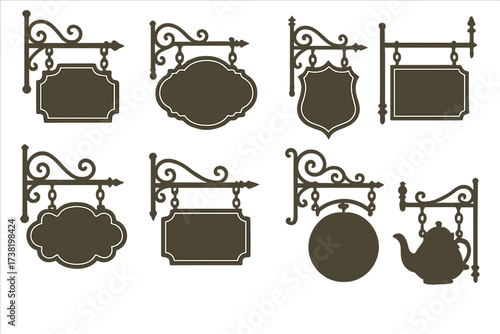 Vintage Signboard Set in Silhouette Style, Vector Cartoon Illustration, Classic Hanging Shop Signs, Decorative Retro Frames, Transparent Background, Ordered Collection for Design