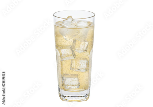 Isolated sparkling beverage full glass with ice cubes and bubbles, refreshing drink