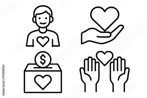 Volunteer icon set in linear style. Vector cartoon illustrations of charity, donation, heart hands, giving support, and kindness symbols. Transparent background, ordered set for social cause designs