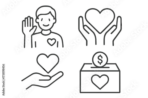 Volunteer icon set in linear style with heart symbols, hands holding love, donation box with dollar coin, charity and helping concepts, vector cartoon illustration with transparent background