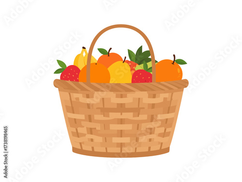 A woven wicker basket filled with a variety of fresh fruits, including oranges, strawberries, and bananas, isolated on a white background.