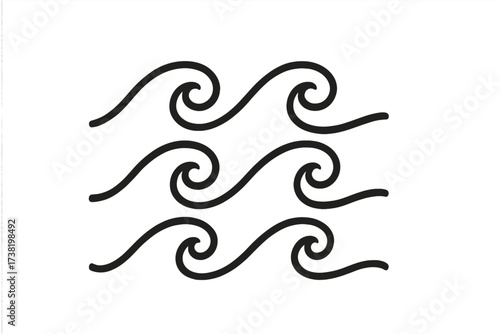 Abstract seamless waves water icon set, black line art design on white background, vector cartoon style, fluid ocean waves pattern with transparent background for graphic design and decoration