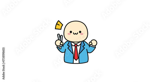 Cheerful cartoon executive celebrating success with gesture and floating idea element