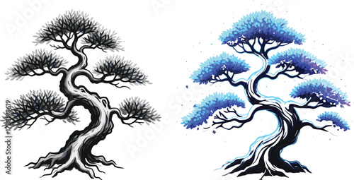 Grayscale bonsai tree beside glowing fantasy bonsai, twisted trunk, neon foliage, magical sparkles, surreal contrast, digital illustration, nature art