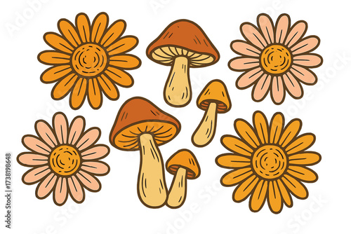 Retro groovy hippie mushrooms and daisy flowers set. Hand drawn vintage 70s floral illustration pack. Psychedelic nature elements. Cute cartoon sticker collection vector design.
