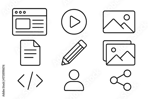 Thin line icon set of web page elements, online content symbols including play button, image gallery, document, pencil edit, user profile, code, and sharing, vector outline illustration