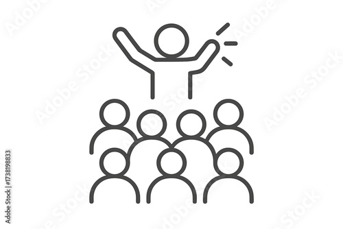 Outline thin line vector icon of a person with raised arms speaking to a gathered crowd, public speaker illustration, leadership symbol, audience communication concept, transparent background