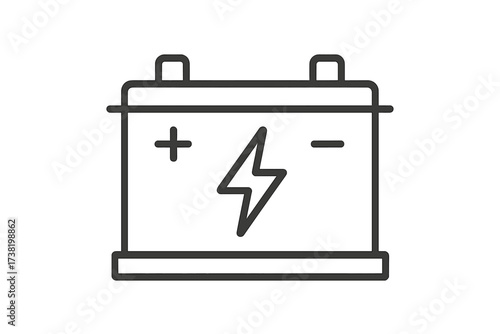 Thin line vector illustration of a car battery with energy power accumulator symbol, electric car component icon, automotive energy storage, linear stroke design with transparent background