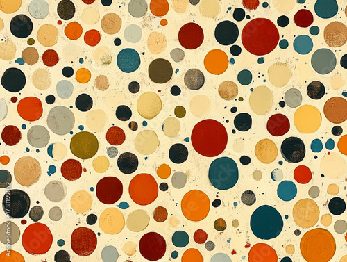 Seamless pattern of colorful polka dots in orange, black and beige on cream background