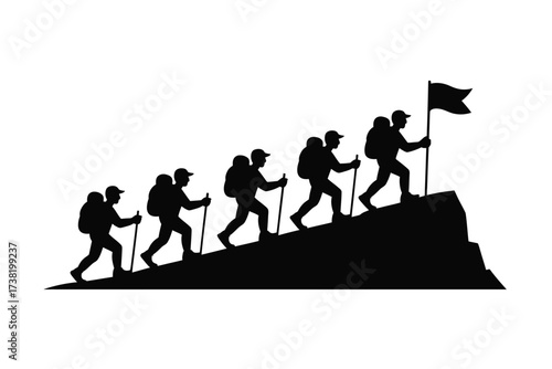 Silhouette of hikers with trekking poles climbing a mountain towards a flag