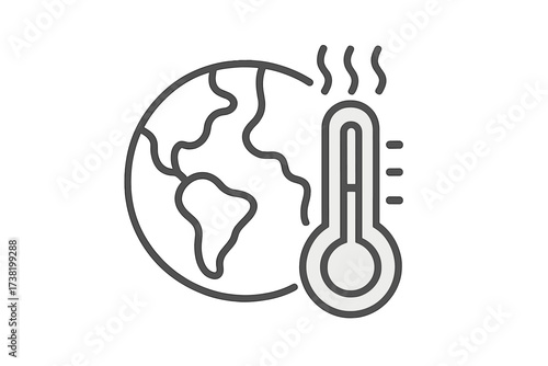 Global warming concept vector icon, thin line outline illustration of Earth with thermometer, climate change symbol, environmental heat indicator, transparent background