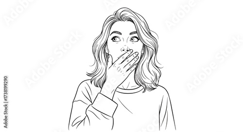 Illustration of a surprised young woman covering her mouth with her hand in a black and white design