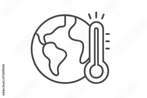 Outline vector icon of globe with thermometer symbolizing global warming and climate change concept, linear stroke illustration of Earth temperature rise, environmental awareness